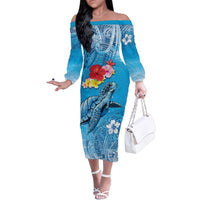 Hawaii Sea Turtle and Tropical Flowers Family Matching Off The Shoulder Long Sleeve Dress and Hawaiian Shirt Polynesian Tattoo Undersea Vibe