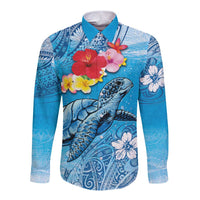 Hawaii Sea Turtle and Tropical Flowers Long Sleeve Button Shirt Polynesian Tattoo Undersea Vibe LT03 Unisex Blue - Polynesian Pride