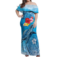 Hawaii Sea Turtle and Tropical Flowers Off Shoulder Maxi Dress Polynesian Tattoo Undersea Vibe