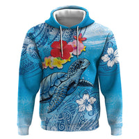Hawaii Sea Turtle and Tropical Flowers Zip Hoodie Polynesian Tattoo Undersea Vibe LT03 Pullover Hoodie Blue - Polynesian Pride