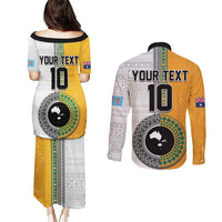 Custom Fiji and Australia Rugby Couples Matching Puletasi and Long Sleeve Button Shirt Aboriginal and Fijian Masi Pattern