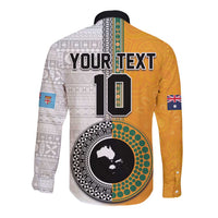 Custom Fiji and Australia Rugby Long Sleeve Button Shirt Aboriginal and Fijian Masi Pattern