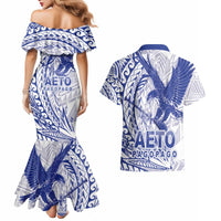 Samoa Pago Pago Aeto Couples Matching Mermaid Dress and Hawaiian Shirt Wingstyle Blue-White Color - Polynesian Pride