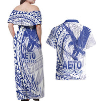 Samoa Pago Pago Aeto Couples Matching Off Shoulder Maxi Dress and Hawaiian Shirt Wingstyle Blue-White Color - Polynesian Pride