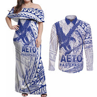 Samoa Pago Pago Aeto Couples Matching Off Shoulder Maxi Dress and Long Sleeve Button Shirt Wingstyle Blue-White Color - Polynesian Pride