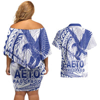 Samoa Pago Pago Aeto Couples Matching Off Shoulder Short Dress and Hawaiian Shirt Wingstyle Blue-White Color - Polynesian Pride