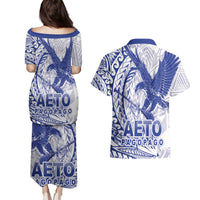 Samoa Pago Pago Aeto Couples Matching Puletasi and Hawaiian Shirt Wingstyle Blue-White Color - Polynesian Pride