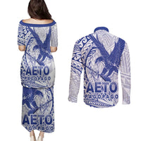 Samoa Pago Pago Aeto Couples Matching Puletasi and Long Sleeve Button Shirt Wingstyle Blue-White Color - Polynesian Pride