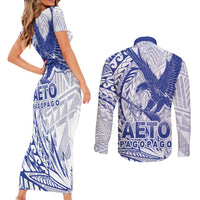 Samoa Pago Pago Aeto Couples Matching Short Sleeve Bodycon Dress and Long Sleeve Button Shirt Wingstyle Blue-White Color - Polynesian Pride
