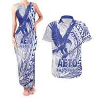 Samoa Pago Pago Aeto Couples Matching Tank Maxi Dress and Hawaiian Shirt Wingstyle Blue-White Color - Polynesian Pride