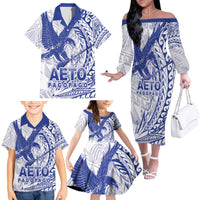 Samoa Pago Pago Aeto Family Matching Off The Shoulder Long Sleeve Dress and Hawaiian Shirt Wingstyle Blue-White Color - Polynesian Pride