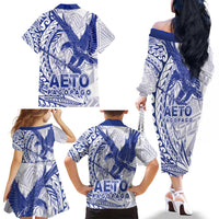 Samoa Pago Pago Aeto Family Matching Off The Shoulder Long Sleeve Dress and Hawaiian Shirt Wingstyle Blue-White Color - Polynesian Pride