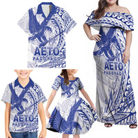 Samoa Pago Pago Aeto Family Matching Off Shoulder Maxi Dress and Hawaiian Shirt Wingstyle Blue-White Color - Polynesian Pride