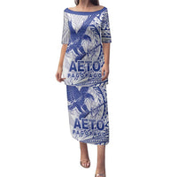 Samoa Pago Pago Aeto Family Matching Puletasi and Hawaiian Shirt Wingstyle Blue-White Color - Polynesian Pride