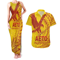 Samoa Pago Pago Aeto Couples Matching Tank Maxi Dress and Hawaiian Shirt Wingstyle Red-Gold Color - Polynesian Pride