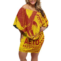 Samoa Pago Pago Aeto Family Matching Off Shoulder Short Dress and Hawaiian Shirt Wingstyle Red-Gold Color - Polynesian Pride