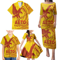 Samoa Pago Pago Aeto Family Matching Puletasi and Hawaiian Shirt Wingstyle Red-Gold Color - Polynesian Pride