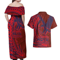 Samoa Pago Pago Aeto Couples Matching Off Shoulder Maxi Dress and Hawaiian Shirt Wingstyle Red-Blue Color - Polynesian Pride