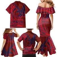 Samoa Pago Pago Aeto Family Matching Mermaid Dress and Hawaiian Shirt Wingstyle Red-Blue Color - Polynesian Pride