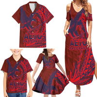 Samoa Pago Pago Aeto Family Matching Summer Maxi Dress and Hawaiian Shirt Wingstyle Red-Blue Color - Polynesian Pride