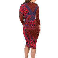 Samoa Pago Pago Aeto Long Sleeve Bodycon Dress Wingstyle Red-Blue Color - Polynesian Pride