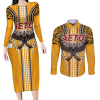 American Samoa Pago Pago Aeto Couples Matching Long Sleeve Bodycon Dress and Long Sleeve Button Shirt Bald Eagle with Polynesian Art Tattoos LT03 Yellow - Polynesian Pride