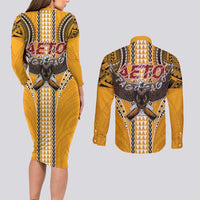 American Samoa Pago Pago Aeto Couples Matching Long Sleeve Bodycon Dress and Long Sleeve Button Shirt Bald Eagle with Polynesian Art Tattoos LT03 - Polynesian Pride
