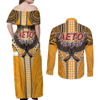 Samoa Pago Pago Aeto Couples Matching Off Shoulder Maxi Dress and Long Sleeve Button Shirt Bald Eagle with Polynesian Art Tattoos - Polynesian Pride
