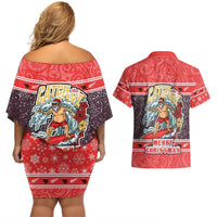 New Zealand Christmas Couples Matching Off Shoulder Short Dress and Hawaiian Shirt Santa Catch The Wave Maori Pattern Retro Style LT03 - Polynesian Pride