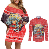 new-zealand-christmas-couples-matching-off-shoulder-short-dress-and-long-sleeve-button-shirts-santa-catch-the-wave-maori-pattern-retro-style