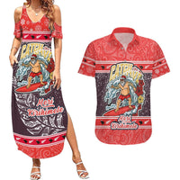 New Zealand Christmas Couples Matching Summer Maxi Dress and Hawaiian Shirt Santa Catch The Wave Maori Pattern Retro Style LT03 Red - Polynesian Pride