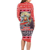 new-zealand-christmas-long-sleeve-bodycon-dress-santa-catch-the-wave-maori-pattern-retro-style