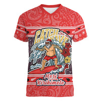 New Zealand Christmas Women V Neck T Shirt Santa Catch The Wave Maori Pattern Retro Style LT03 Female Red - Polynesian Pride