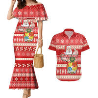 Tonga Christmas Couples Matching Mermaid Dress and Hawaiian Shirt The Santa Coat of Arms with Ngatu and Snow Pattern LT03 Red - Polynesian Pride