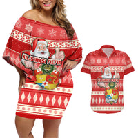 Tonga Christmas Couples Matching Off Shoulder Short Dress and Hawaiian Shirt The Santa Coat of Arms with Ngatu and Snow Pattern LT03 Red - Polynesian Pride