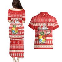 Tonga Christmas Couples Matching Puletasi Dress and Hawaiian Shirt The Santa Coat of Arms with Ngatu and Snow Pattern LT03 - Polynesian Pride