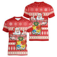 tonga-christmas-women-v-neck-t-shirt-the-santa-coat-of-arms-with-ngatu-and-snow-pattern