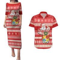 Custom Tonga Christmas Couples Matching Puletasi Dress and Hawaiian Shirt The Santa Coat of Arms with Ngatu and Snow Pattern LT03 Red - Polynesian Pride