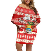Custom Tonga Christmas Off Shoulder Short Dress The Santa Coat of Arms with Ngatu and Snow Pattern LT03 Women Red - Polynesian Pride