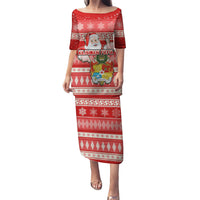 Custom Tonga Christmas Puletasi The Santa Coat of Arms with Ngatu and Snow Pattern LT03 Long Dress Red - Polynesian Pride
