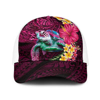 Hawaiian Plumeria and Hibiscus with Turtles Baseball Net Cap Polynesian Art Red Color - Polynesian Pride