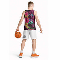 Hawaiian Plumeria and Hibiscus with Turtles Basketball Jersey Polynesian Art Red Color - Polynesian Pride