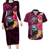 Hawaiian Plumeria and Hibiscus with Turtles Couples Matching Long Sleeve Bodycon Dress and Hawaiian Shirt Polynesian Art Red Color - Polynesian Pride