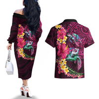 Hawaiian Plumeria and Hibiscus with Turtles Couples Matching Off The Shoulder Long Sleeve Dress and Hawaiian Shirt Polynesian Art Red Color - Polynesian Pride