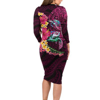 Hawaiian Plumeria and Hibiscus with Turtles Family Matching Long Sleeve Bodycon Dress and Hawaiian Shirt Polynesian Art Red Color - Polynesian Pride
