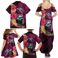Hawaiian Plumeria and Hibiscus with Turtles Family Matching Summer Maxi Dress and Hawaiian Shirt Polynesian Art Red Color - Polynesian Pride