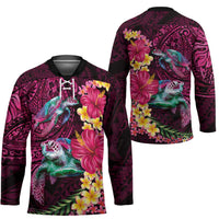 Hawaiian Plumeria and Hibiscus with Turtles Hockey Jersey Polynesian Art Red Color - Polynesian Pride