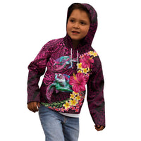 Hawaiian Plumeria and Hibiscus with Turtles Kid Hoodie Polynesian Art Red Color - Polynesian Pride