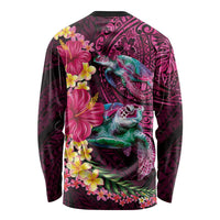 Hawaiian Plumeria and Hibiscus with Turtles Long Sleeve Shirt Polynesian Art Red Color - Polynesian Pride