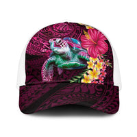 Hawaiian Plumeria and Hibiscus with Turtles Mesh Trucker Cap Polynesian Art Red Color - Polynesian Pride